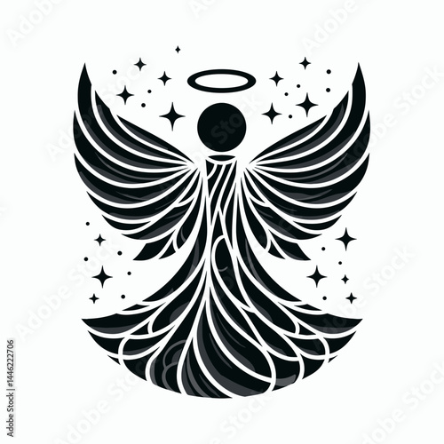 christmas angel silhouette with halo stars for religious cards, spiritual blogs, festive decor prints, memorial graphics, nativity scene elements