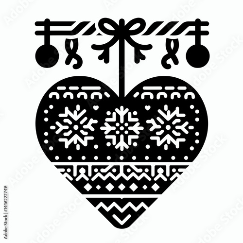 scandinavian knit heart ornament hanging for xmas cards, festive blogs, winter decor prints, folk art merchandise, holiday decoration graphics