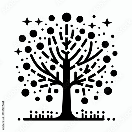 abstract winter tree silhouette with dots for nature blogs, environmental websites, seasonal greeting cards, minimalist graphic design, ecological posters