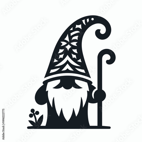 scandinavian gnome silhouette with staff for christmas decor, winter folk art designs, holiday greeting cards, fantasy blog graphics, cute character icons, nordic style prints