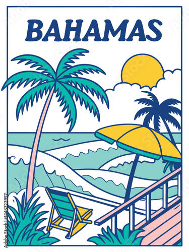 bahamas Beach vector banner with palm treeschair and umbrella. 
