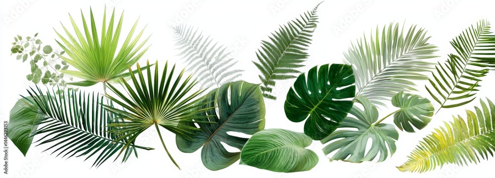 A collection of isolated green monstera palm and tropical plant leaves on a white background, ideal for design elements, presented in a flat lay style A collection of isolated green monstera palm and tropical plant leaves on a white background, ideal for design elements, presented in a flat lay style