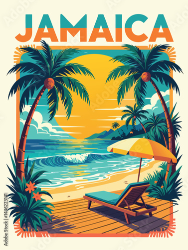 Jamaica beach poster with palm trees and deck chair vector illustration
