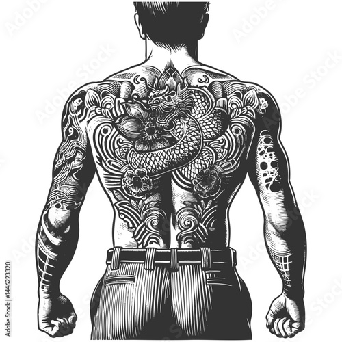 Yakuza-style warrior from behind, featuring elaborate Japanese tattoo art across his muscular back and arms sketch engraving generative ai vector illustration. Scratch board. Black and white image.