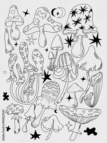 Mystical Mushroom Line Art Collection