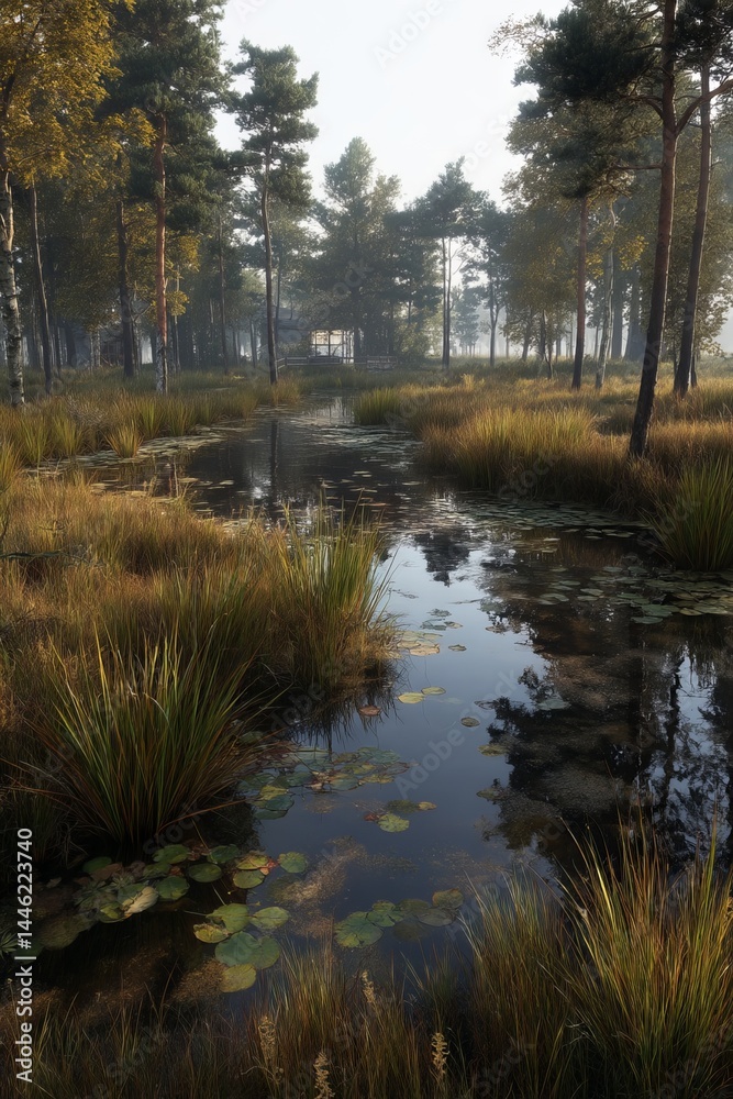 A serene landscape of a small river surrounded by forest, captured at sunrise with morning fog, haze, and sunbeams, set in early autumn, evoking a sense of idyllic rural life amidst pure nature and A serene landscape of a small river surrounded by forest, captured at sunrise with morning fog, haze, and sunbeams, set in early autumn, evoking a sense of idyllic rural life amidst pure nature and