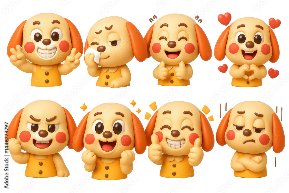 Dog Cartoon Expressions: A charming cartoon character dog is captured in a series of adorable poses and facial expressions, displaying a range of emotions from joy to frustration. Dog Cartoon Expressions: A charming cartoon character dog is captured in a series of adorable poses and facial expressions, displaying a range of emotions from joy to frustration.