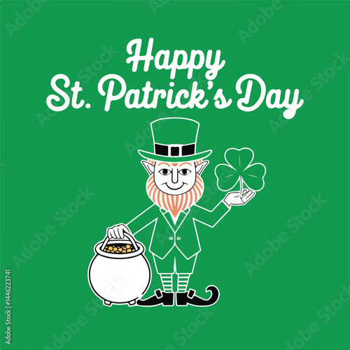 St. Patrick's Day cute vector. A collection of elements for an Irish holiday. Leprechaun, rainbow, pots of gold, clover and other traditional holiday elements. Isolated on a white background.