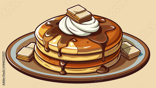 Thick, soft pancakes infused with cocoa and melted chunks.
A generous dollop of whipped cream adds airy contrast.
Drizzled with chocolate sauce for a full decadent look.
Ideal for breakfast-themed vec