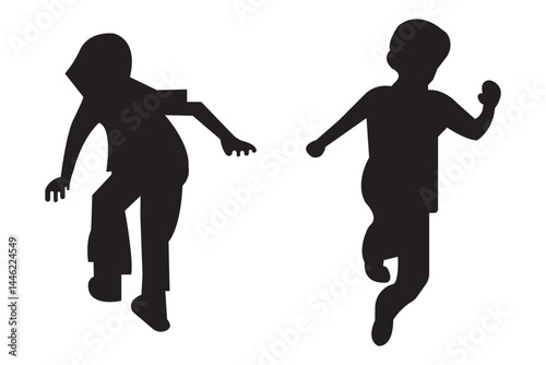 Black silhouette of children jumping for joy. Active kids jumping or trampolining, outline elements collection, flat vector isolated on white background. Summer entertainments and attraction.