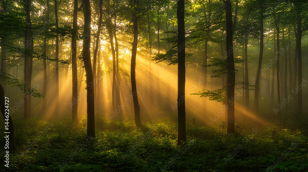 Fototapeta premium Sunbeams pierce misty forest, illuminating green foliage and tree trunks, creating serene, mystical atmosphere, ideal for nature or tranquility themes