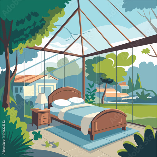 Glass house in woodland, forest cartoon landscape Vector. Glass wall house in summer forest. Vector cartoon illustration of cottage with windows and roof, green trees and grass, nature recreation.
