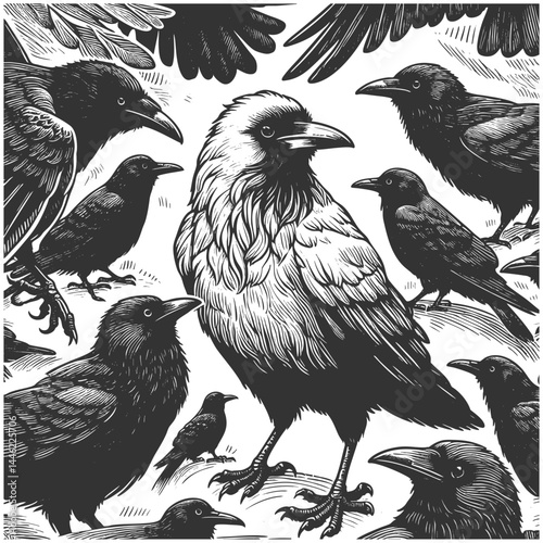 rare white crow surrounded by black crows, symbolizing uniqueness, nonconformity, and standing out from the crowd sketch engraving generative ai vector illustration. Scratch board. Black and white.