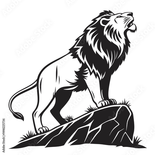 Roaring Lion Standing on Rock, Black and White Silhouette Illustration, Feline Majesty