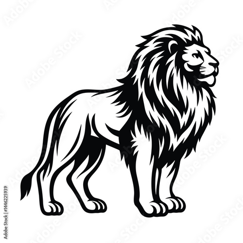 Striking Black Lion Silhouette, Full Body Stance, Detailed Mane, Bold, Animal Design