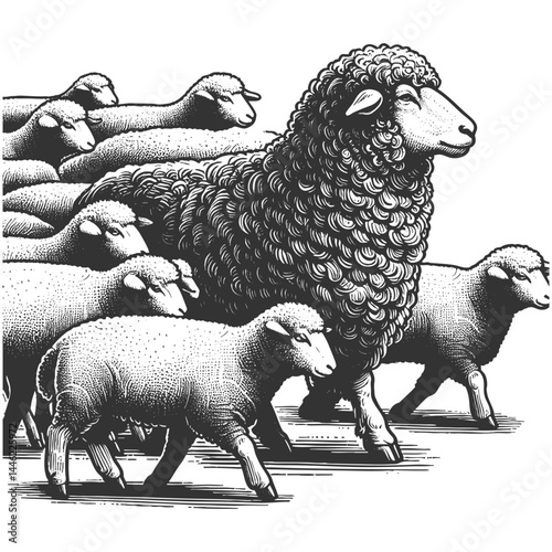 single black sheep among white sheep, symbolizing the black sheep metaphor for exclusion and individuality sketch engraving generative ai vector illustration. Scratch board. Black and white image.