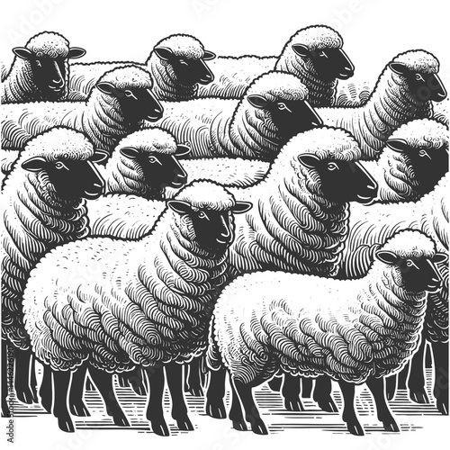 sheep in a herd, symbolizing conformity, groupthink, and lack of individuality sketch engraving generative ai fictional character vector illustration. Scratch board imitation. Black and white image.
