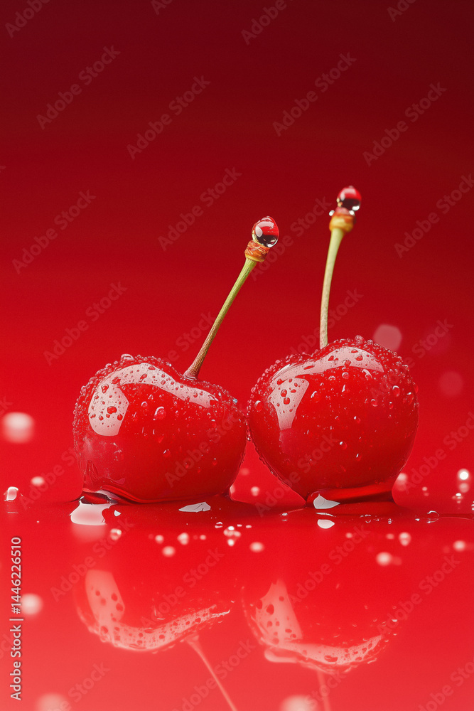 Two wet cherries with water droplets on a reflective red surface