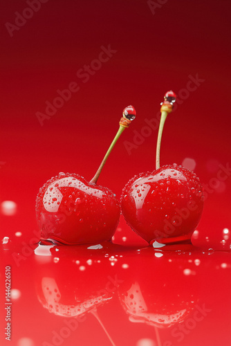 Obraz na płótnie Two wet cherries with water droplets on a reflective red surface w salonie
