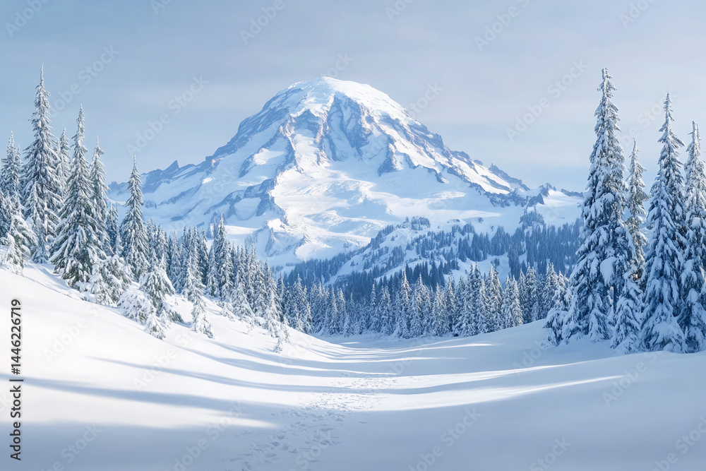 Obraz premium Snow-covered mountain peak and evergreen trees, winter landscape, showcasing serene beauty and tranquility, ideal for travel or nature themes