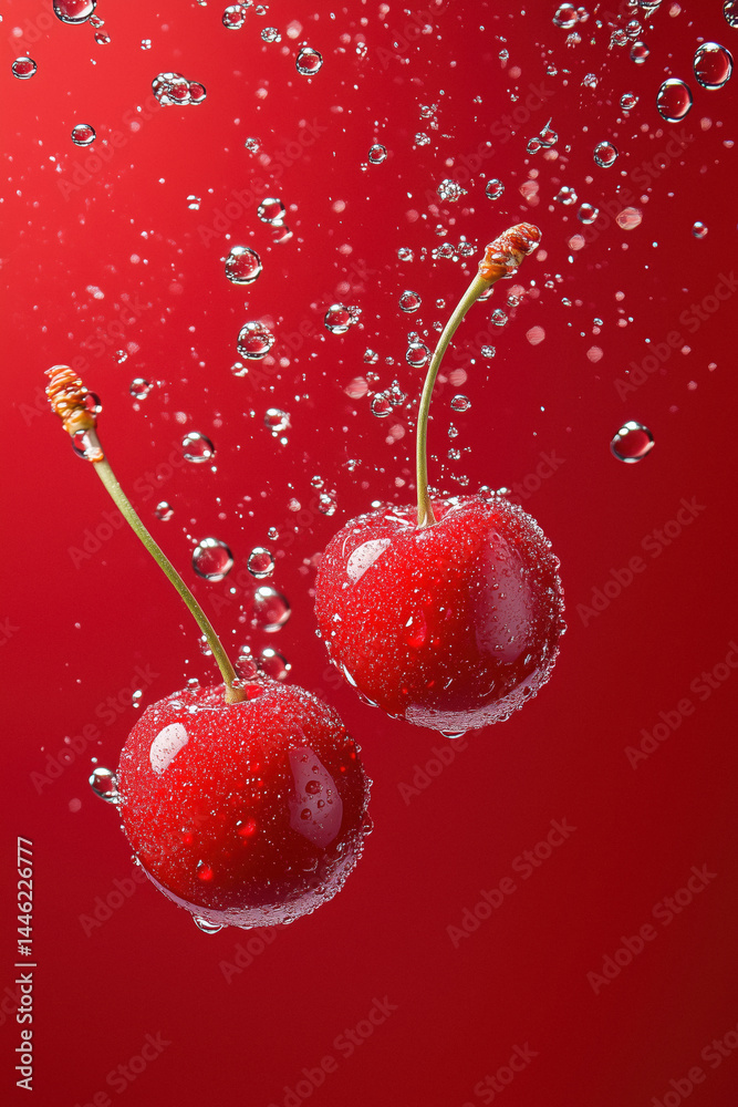 Two cherries submerged in water with bubbles against red background