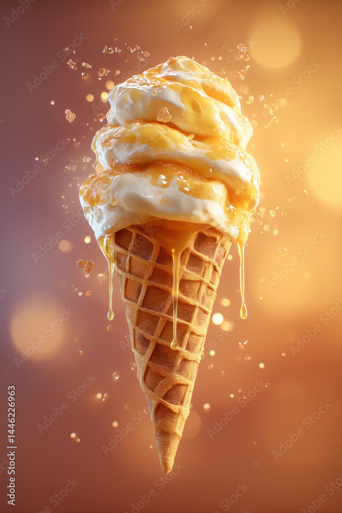 Vanilla ice cream cone with caramel drizzle and splash against golden background