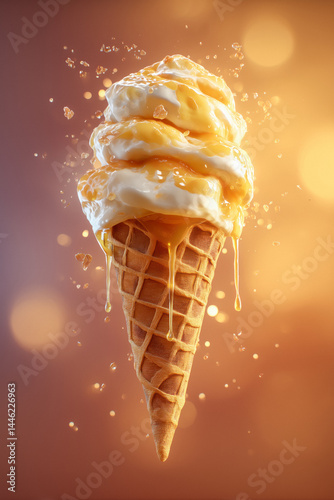 Obraz na płótnie Vanilla ice cream cone with caramel drizzle and splash against golden background w salonie
