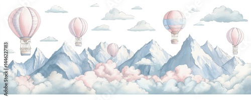 A hand-drawn watercolor seamless pattern featuring hot air balloons and clouds, designed for kids, in soft blue and pink pastel hues, suitable for a boy's or girl's room