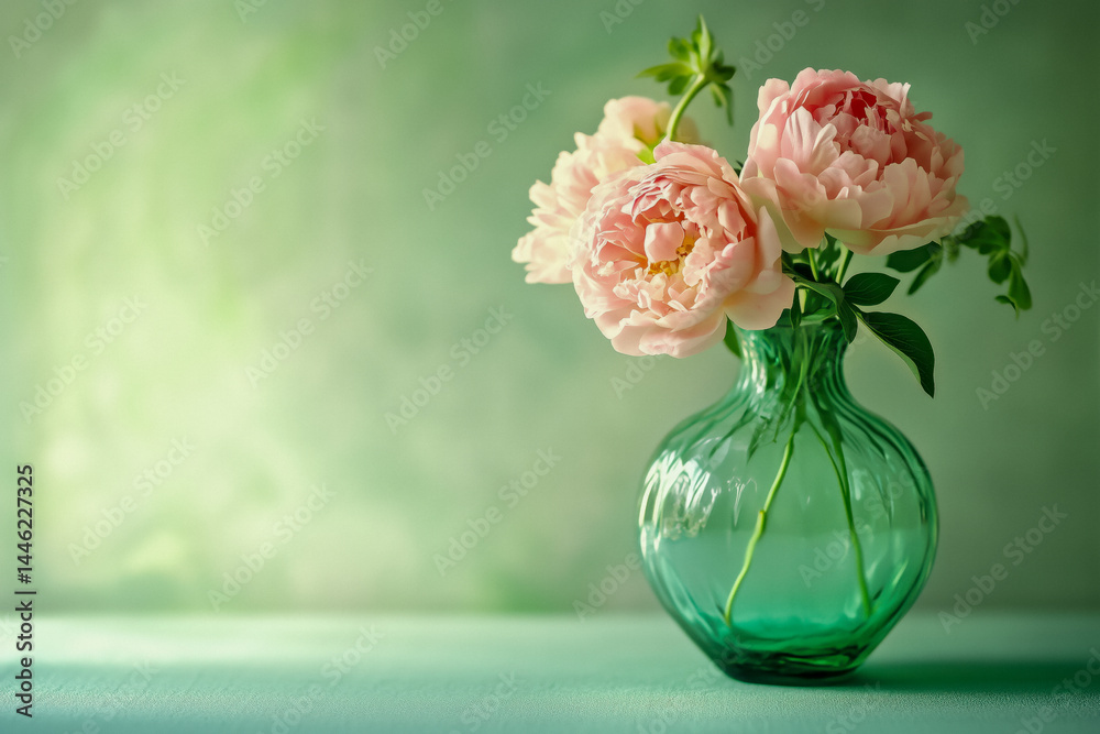 Pale pink peonies in a green glass vase against a soft green background