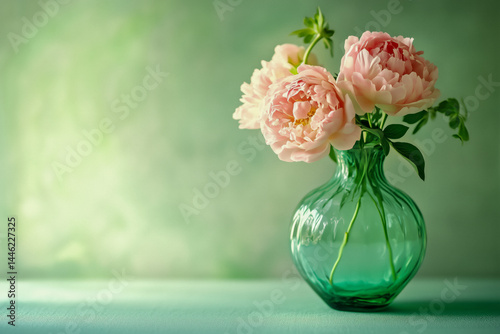 Obraz na płótnie Pale pink peonies in a green glass vase against a soft green background w salonie