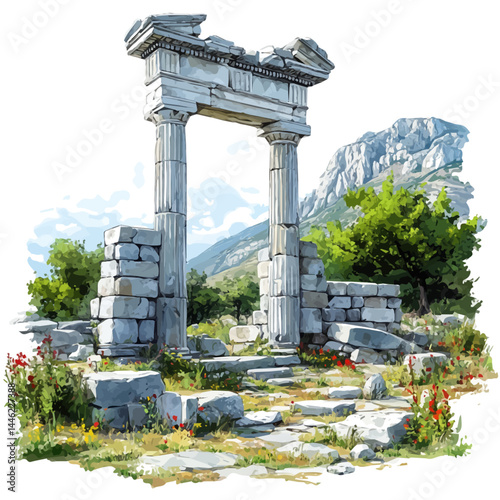 Temple Of Artemis Ruins, vector watercolor illustration, isolated on a white background.