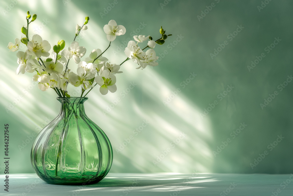 White blossoms in a green glass vase against a textured green wall with shadows
