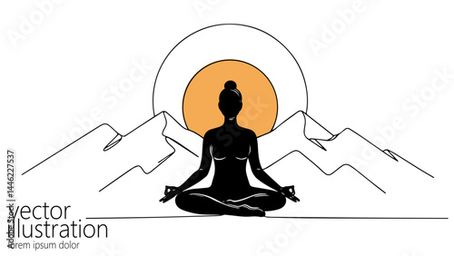 Yoga woman meditating against sunrise mountains. Silhouette pose lotus position relaxation outdoor zen. Wellness apps mindful meditation. Minimalist line art white background.