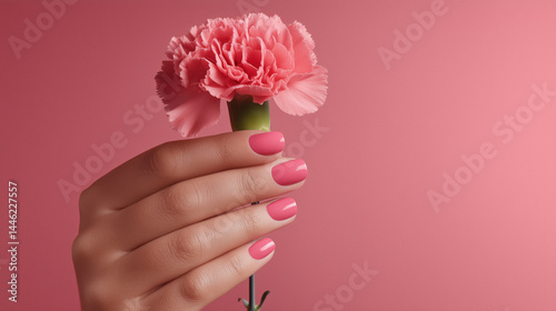 Hand with pink nails holding a pink carnation
