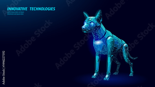 Robotic dog stands futuristic. Glowing blue lights shine bright. Technology pet security AI robotics concept. Low poly art geometric design dark blue background