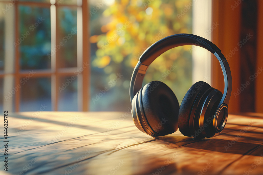 Black wireless headphones on a wooden surface near a window with sunlight