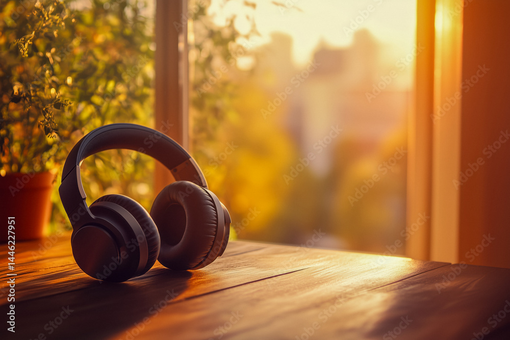 Wireless headphones on a wooden table by a sunlit window