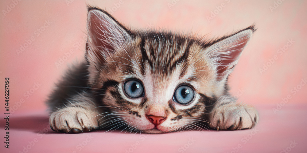 Adorable tabby kitten with striking blue eyes on a soft pink surface