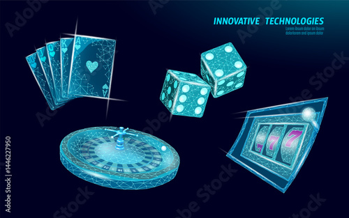 Digital casino elements set futuristic design. Playing cards, dice, roulette wheel, slot machine visible. Online gambling app entertainment, technology concepts. Low poly style, blue background