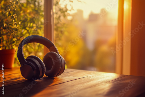 Obraz na płótnie Wireless headphones on a wooden table by a sunlit window w salonie