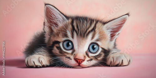 Adorable tabby kitten with striking blue eyes on a soft pink surface