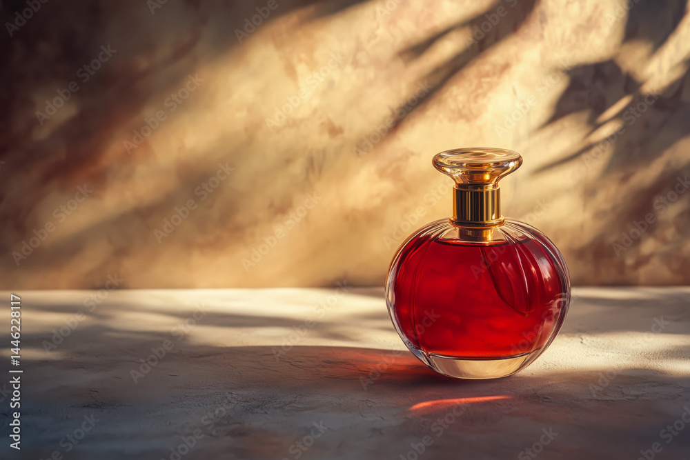 Elegant red perfume bottle with golden accents on a textured surface Elegant red perfume bottle with golden accents on a textured surface