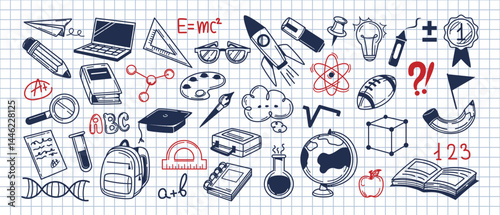 Back to School Doodle Icons. Sketch style stickers with pencil, backpack, book, globe and graduation hat. School supplies and creative elements. Hand drawn vector illustration isolated on background