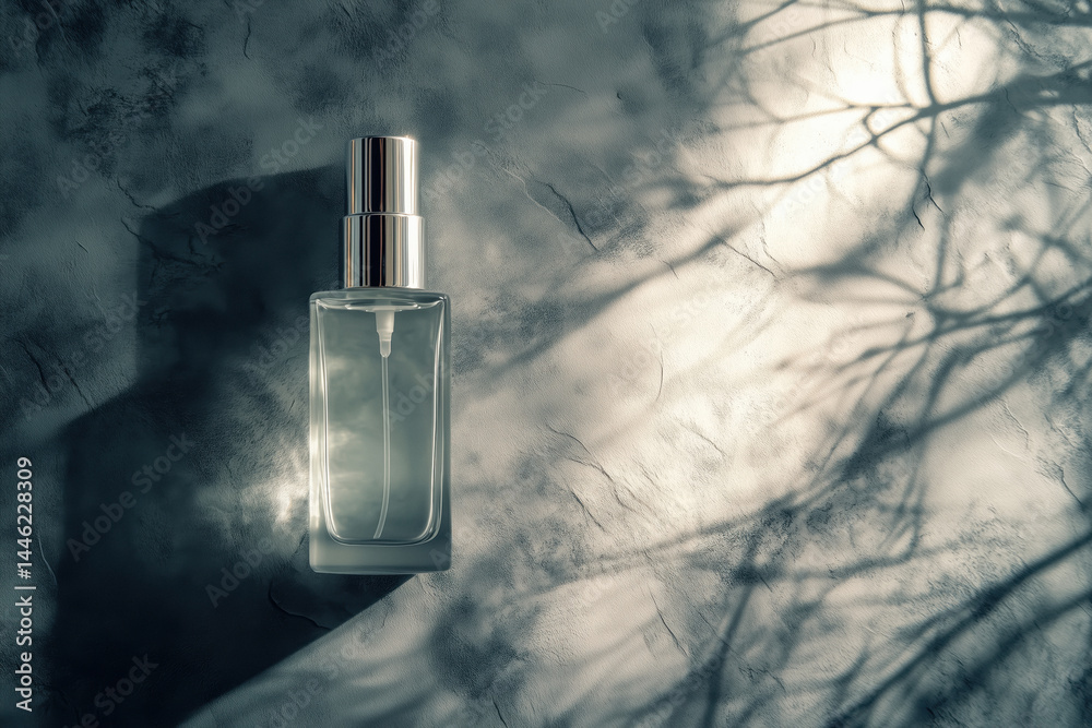 Clear perfume bottle with silver cap on a textured gray surface with shadows