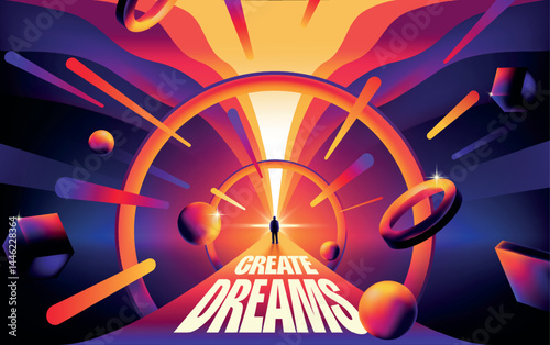 Create dreams. Banner with silhouette of man surrounded by imaginary fantasy world with abstract geometric shapes. Character goes to goals and dreams. Cartoon gradient vector illustration