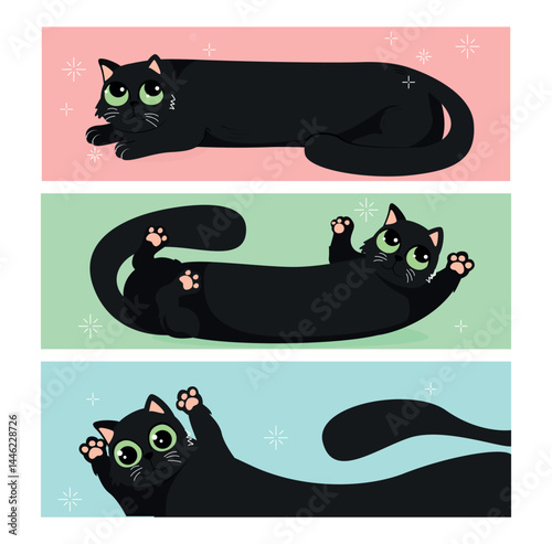 Poster with black long cat. Square kawaii banner with cute funny kittens. Backdrop with adorable furry pet or animal. Design element for print. Flat vector illustration set isolated on background