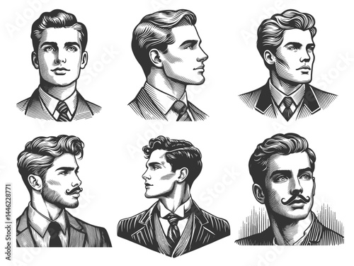 man with classic hairstyles, suits, and mustaches in engraved style Set collection bundle sketch engraving generative ai vector illustration. Scratch board imitation. Black and white image.