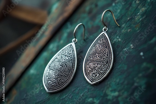 Oxidized Silver Teardrop Earrings with Intricate Design - Elegant oxidized silver teardrop earrings, showcasing intricate ethnic patterns. Symbolizing artistry, heritage, craftsmanship photo