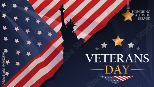 Veterans day banner. Background with silhouette of Statue of Liberty and United States flag. Design element for celebrating National holiday of USA. November 11. Flat vector illustration