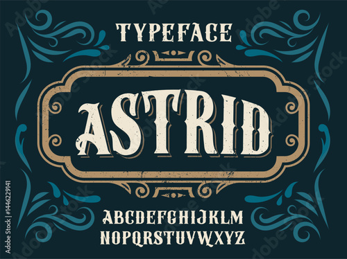 Craft vintage typeface design. Shabby retro font Astrid. Fantastic typography with latin alphabet in art deco style. Type for logo and design projects. Grunge vector collection of design elements